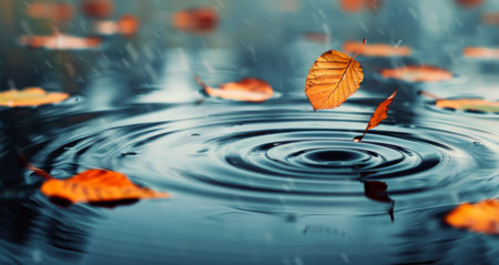 Colorful autumn leaves drift on the surface of still water, creating ripples as raindrops fall, presenting a tranquil yet dynamic interplay between nature's elements on a rainy afternoon.の素材