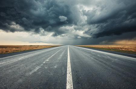 A desolate highway stretches into the distance, flanked by expansive fields. Looming dark clouds hint at an impending storm, creating a dramatic atmosphere as nature contrasts with the empty road.の素材