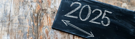 A chalkboard displays the year 2025, symbolizing future aspirations. The board rests on a rustic wooden surface, creating a background that emphasizes the theme of planning and looking ahead.の素材