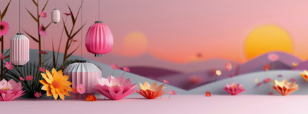 Delicate paper flowers in shades of pink and yellow surround hanging lanterns, set against a serene pastel sunset with soft mountains in the background.の素材