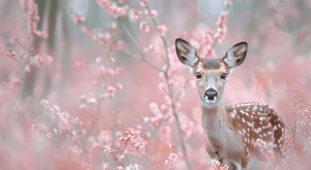 A young fawn stands amidst vibrant pink blossoms, its curious gaze capturing the serene beauty of spring. The delicate flowers create a pastel backdrop, emphasizing the innocence of the deer in a tranquil natural setting.の素材