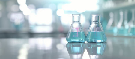 Three glass laboratory beakers filled with clear liquid are arranged on a reflective table in a contemporary research facility, with a blurred background indicating a high-tech environment.の素材