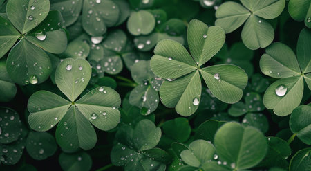 Fresh clover leaves glisten with raindrops, creating a vibrant green carpet on the ground beneath a soft, overcast sky.の素材