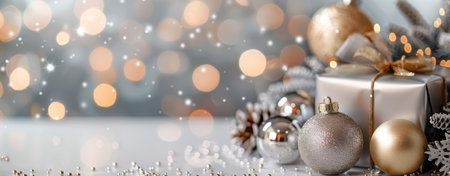 Colorful ornaments in silver, gold, and bronze are next placed to beautifully wrapped gifts, surrounded by sparkling decorations, creating a vibrant and festive atmosphere for the holiday season.の素材