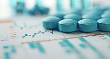 Several blue tablets are placed on a financial data chart, highlighting trends and statistics in healthcare or pharmaceutical analysis.の素材