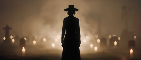 A figure dressed in dark clothing and a wide-brimmed hat stands still in a fog-covered graveyard as the sun sets, casting an eerie ambiance with tombstones silhouetted in the background.の素材