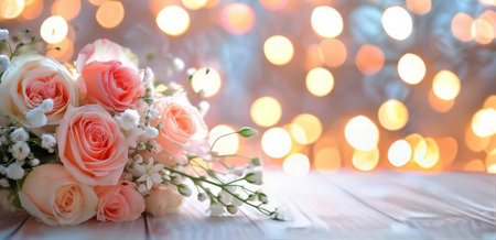A beautiful bouquet of pink and white roses accented with delicate babys breath is set against a softly blurred bokeh background, creating a warm and inviting atmosphere perfect for celebrations.の素材