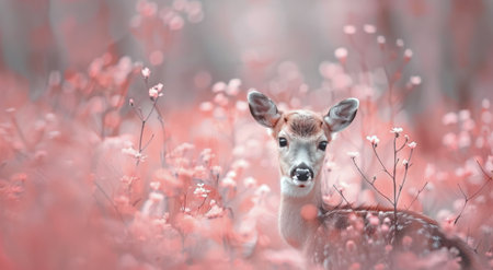 A young fawn stands amidst vibrant pink blossoms, its curious gaze capturing the serene beauty of spring. The delicate flowers create a pastel backdrop, emphasizing the innocence of the deer in a tranquil natural setting.の素材
