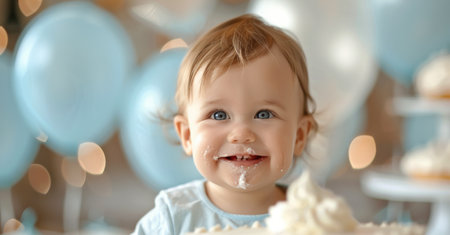 A cheerful baby smiles with icing on their face while sitting in front of a decorated birthday cake surrounded by blue balloons, experiencing pure joy during the festive celebration.の素材