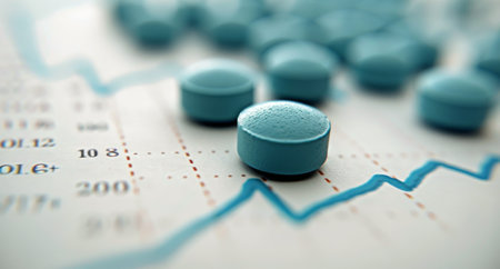 Several blue tablets are placed on a financial data chart, highlighting trends and statistics in healthcare or pharmaceutical analysis.の素材