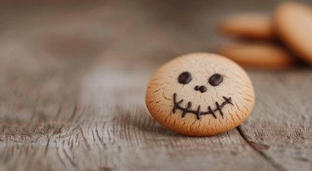 A close-up of Halloween-themed cookies featuring skeleton face designs, placed on a rustic wooden surface, creating a festive and playful atmosphere perfect for the holiday.の素材