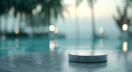 A marble coaster rests on a modern table overlooking a tranquil pool surrounded by palm trees during sunset, soft light reflecting off the water, creating a serene atmosphere.の素材