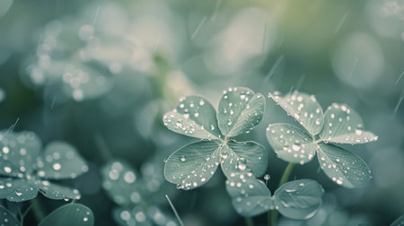 Clover leaves adorned with raindrops glisten in the soft light of dawn, surrounded by lush green grass. The scene captures the tranquility and freshness of nature after a gentle rain shower.の素材