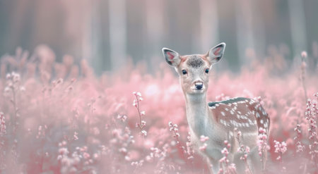 A young fawn stands amidst vibrant pink blossoms, its curious gaze capturing the serene beauty of spring. The delicate flowers create a pastel backdrop, emphasizing the innocence of the deer in a tranquil natural setting.の素材