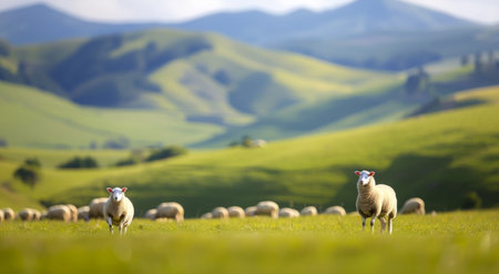 A flock of sheep grazes peacefully in a vibrant green field, surrounded by rolling hills and a clear blue sky, depicting the serene beauty of rural landscapes during a bright day.の素材