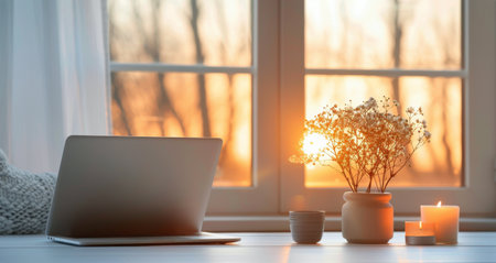 A serene workspace features a laptop and soft candles glimmering in the warm light of the setting sun, while a leafy green plant adds a touch of nature against a backdrop of gently closed blinds.の素材