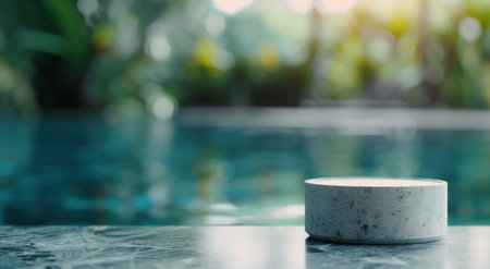 A simple concrete disc rests on a table in a tranquil outdoor setting, surrounded by lush greenery and a sparkling pool under clear blue skies.の素材