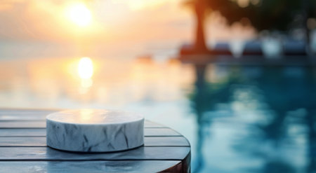 A serene poolside setting showcases a marble table beside a glistening water surface, illuminated by warm sunlight during the golden hour, creating a tranquil atmosphere at a luxury resort.の素材
