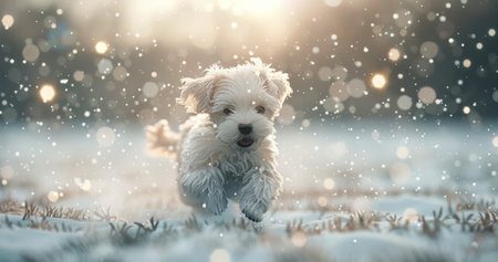 A fluffy puppy joyfully bounds through a snowy landscape, paws kicking up powdery snow while warm sunlight streams from the horizon, creating a magical winter atmosphere.の素材
