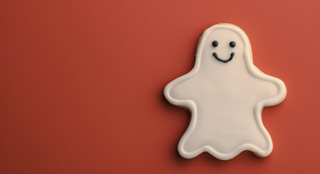 Adorable sugar cookies shaped like ghosts, adorned with colorful icing and cheerful faces, arranged on a vibrant background. Perfect treats for a Halloween gathering or festive occasion.の素材