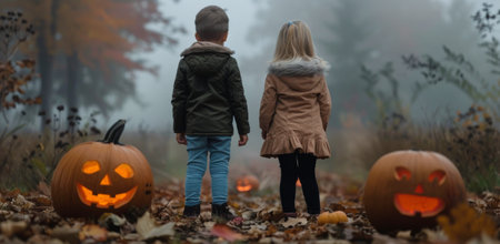 Two children stand together on a forest path surrounded by carved pumpkins, their faces illuminated by the eerie glow, as mist creeps through the trees during twilight.の素材