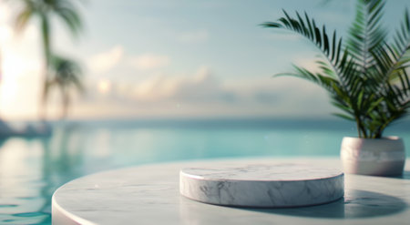 A marble coaster rests on a modern table overlooking a tranquil pool surrounded by palm trees during sunset, soft light reflecting off the water, creating a serene atmosphere.の素材