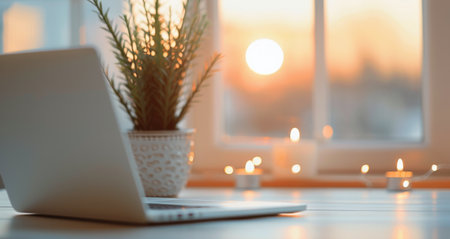 A serene workspace features a laptop and soft candles glimmering in the warm light of the setting sun, while a leafy green plant adds a touch of nature against a backdrop of gently closed blinds.の素材
