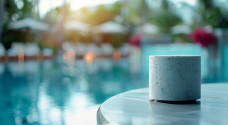 A serene poolside setting showcases a marble table beside a glistening water surface, illuminated by warm sunlight during the golden hour, creating a tranquil atmosphere at a luxury resort.の素材