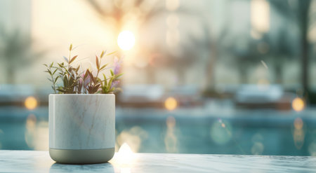 A small potted plant with green leaves sits on a marble surface, illuminated by warm sunlight during sunset. The blurred background features a pool and soft bokeh from lights reflecting off the water.の素材