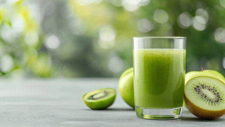 A refreshing kiwi smoothie is displayed in a clear glass next to whole kiwi fruits, set against a softly blurred green background, highlighting the vibrant color and texture of the drink and fruits.の素材
