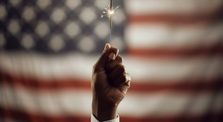 A hand raises a sparkler in celebration, illuminated by its bright light, with an American flag in the background, symbolizing patriotism and unity during a festive event.の素材