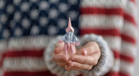 A hand raises a sparkler in celebration, illuminated by its bright light, with an American flag in the background, symbolizing patriotism and unity during a festive event.の素材