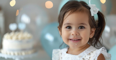A joyful young girl beams while standing by a birthday cake, surrounded by decorative blue balloons, capturing a moment of celebration and happiness.の素材