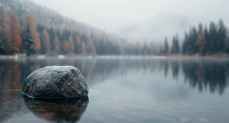 A solitary rock stands in calm waters reflecting the muted colors of a misty autumn forest at dawn, creating a serene and peaceful atmosphere.の素材