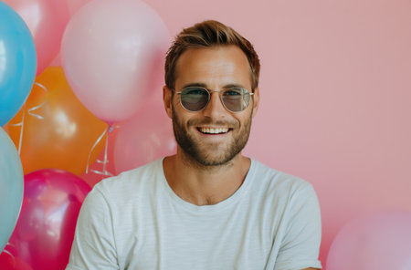 A cheerful man wearing sunglasses smiles widely in front of a pink wall adorned with colorful balloons, capturing the spirit of joy and celebration.の素材