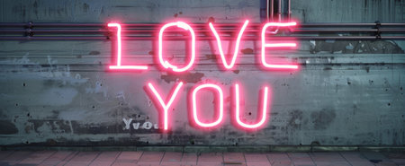 A vibrant neon sign illuminating the words I love you in pink against a textured brick wall during the evening, creating a romantic and affectionate atmosphere in an urban setting.の素材