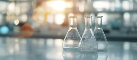 Several glass laboratory flasks are positioned on a white surface, illuminated by soft light filtering through a laboratory. The setting showcases a contemporary and organized scientific workspace.の素材