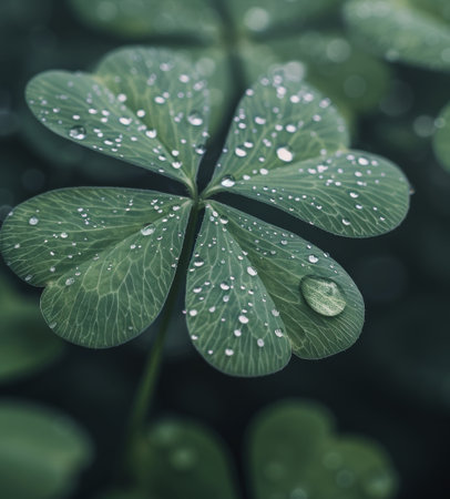 A vibrant four-leaf clover glistens with morning dew, surrounded by a dense patch of green foliage. The soft light of dawn enhances the delicate texture and rich color of the leaves, creating a serene natural moment.の素材