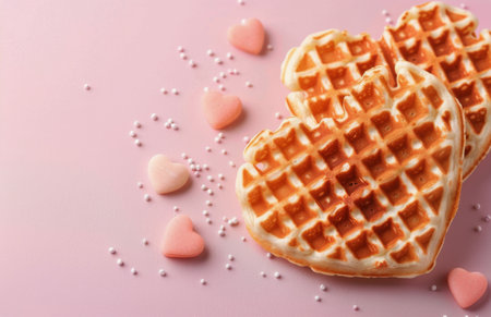Two golden-brown, heart-shaped waffles sit on a soft pink background, adorned with colorful sprinkles and small candy hearts, evoking a joyful and romantic atmosphere.の素材