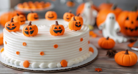 A beautifully decorated Halloween cake features cute pumpkins and ghost figures on top, surrounded by candy and festive decor. The enchanting atmosphere is enhanced by warm, glowing lights in the background.の素材