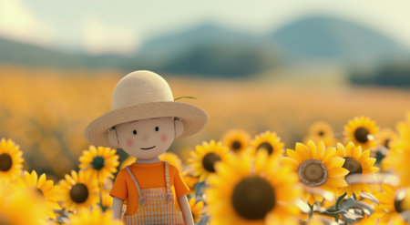 A cheerful scarecrow stands amidst a vibrant field of sunflowers, basking in the sunlight and creating a peaceful rural atmosphere on a clear day.の素材