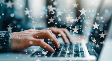 A persons hand is typing on a laptop keyboard, with digital stars shimmering in the background against a soft, low light ambiance, creating a tech-savvy atmosphere that suggests creativity and innovation.の素材