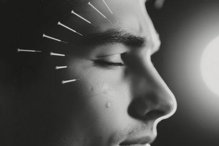 A young man relaxes during an acupuncture treatment, eyes closed, as needles are gently placed on his skin in a tranquil, dimly lit environment.の素材