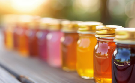 A row of assorted honey jars lined up on a table, showing different colors and textures. Warm sunlight illuminates the jars, creating a pleasant atmosphere at an outdoor market.の素材