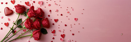 A beautiful arrangement of pink and red roses is placed against a soft pink backdrop, accented by scattered heart-shaped petals, creating a romantic and captivating atmosphere perfect for celebrations.の素材