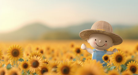 A joyful scarecrow wearing a straw hat stands among vibrant sunflowers during the golden hour, capturing the essence of summer in a picturesque rural landscape bathed in warm sunlight.の素材