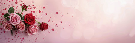 A beautiful arrangement of pink and red roses is placed against a soft pink backdrop, accented by scattered heart-shaped petals, creating a romantic and captivating atmosphere perfect for celebrations.の素材