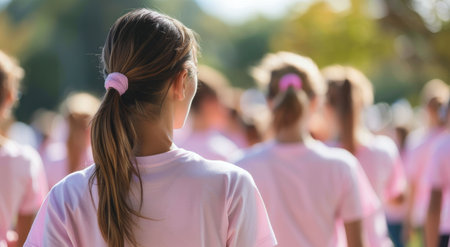 A group of women in pink shirts walks together, showing solidarity during a charity event in a vibrant spring setting. Their hairstyles with ponytails create a sense of unity as they participate in the community activity.の素材