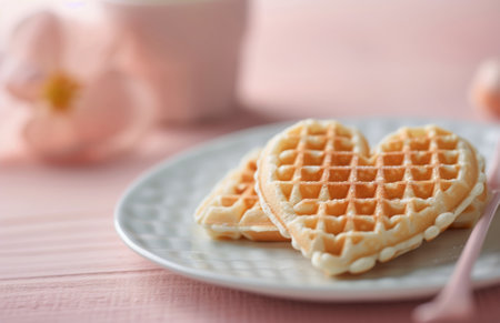 Two golden-brown, heart-shaped waffles sit on a soft pink background, adorned with colorful sprinkles and small candy hearts, evoking a joyful and romantic atmosphere.の素材