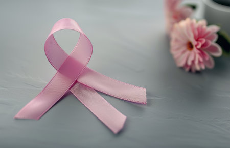 A pink ribbon rests on a cylindrical white surface, framed by softly colored pastel backgrounds, symbolizing awareness and support.の素材